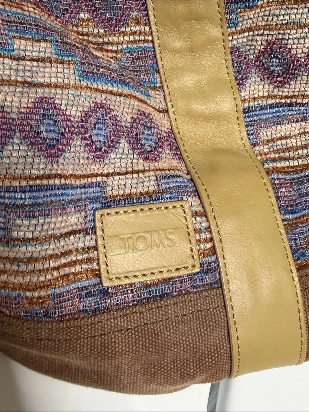 TOM Boho Embroidered Drawstring Bucket Bag - Tan & Pastel